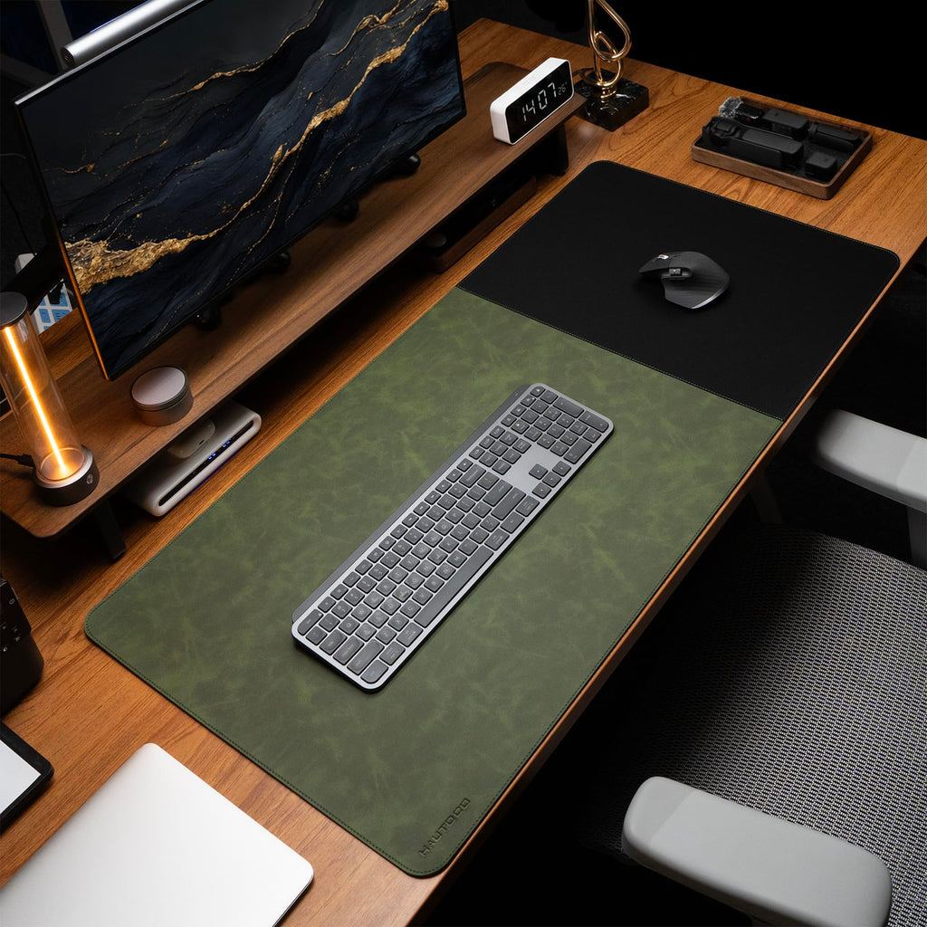 HAUTOCO Cork Desk Mat 31.5"x15.7", Distressed PU Leather & Cloth Desk Pad