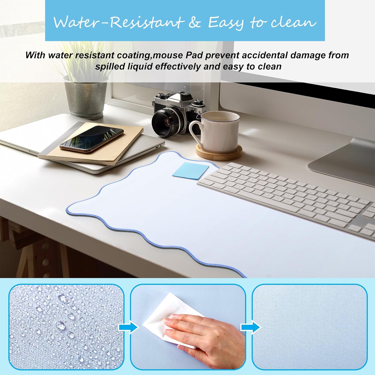 Hahafelt Large Scalloped Desk Mat Pad, Blue, 31.5 x 15.8 Inches
