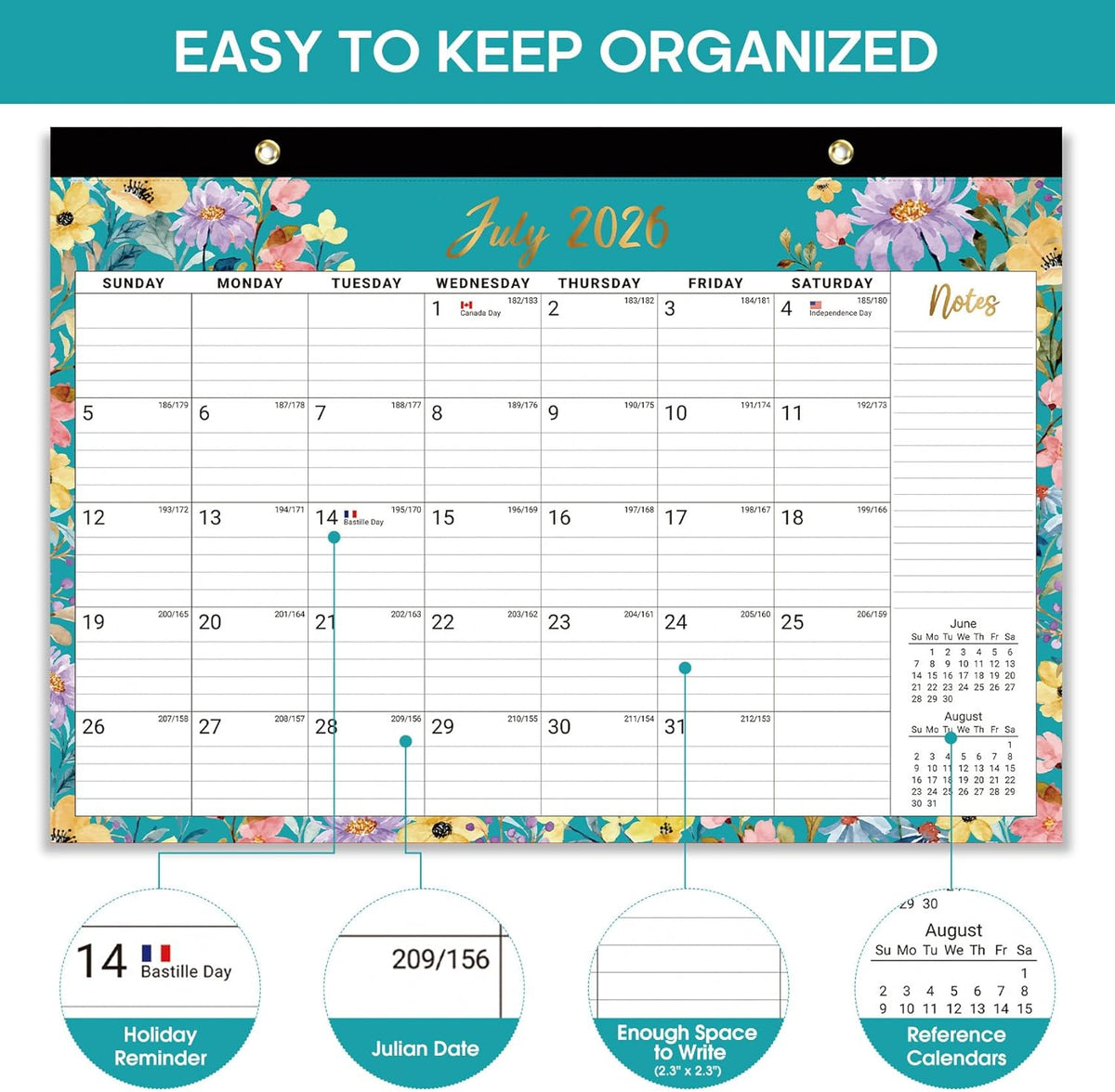 Taja Desk Calendar 2026-2027, Jul 2026-Dec 2027, 18-Month, 17" x 12"