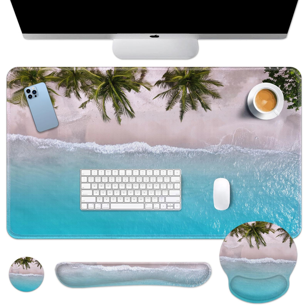 Britimes Keyboard Mouse Pad Set, 4 in 1 Desk Mat Set, Pink Rose Gold