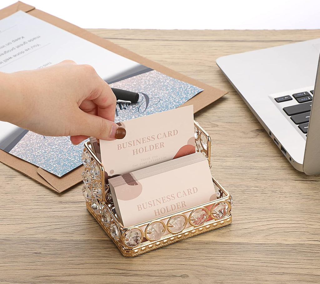 Hipiwe 2 Tiers Crystal Business Card Holder Gold Mirrored Cards Organizer