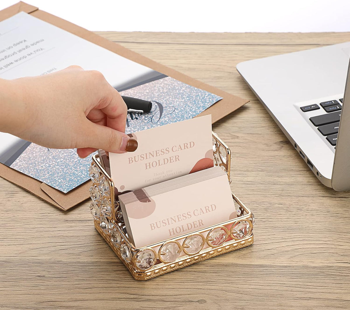 Hipiwe 2 Tiers Crystal Business Card Holder Gold Mirrored Cards Organizer