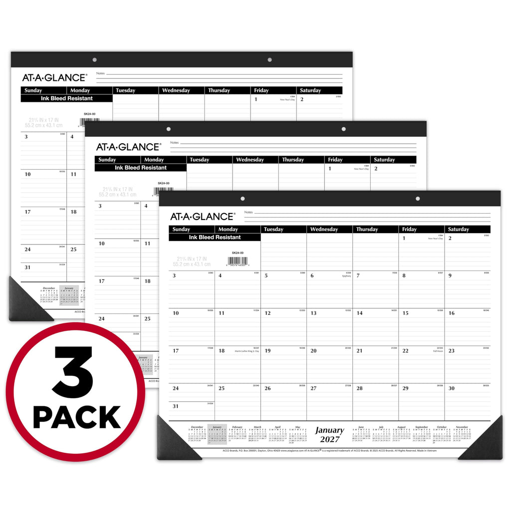 AT-A-GLANCE 2027 Desk Pad Calendar, Monthly Desk Wall Planner, 21.75" x 17", Ruled Blocks, 3 Pack (AZSK240027), White