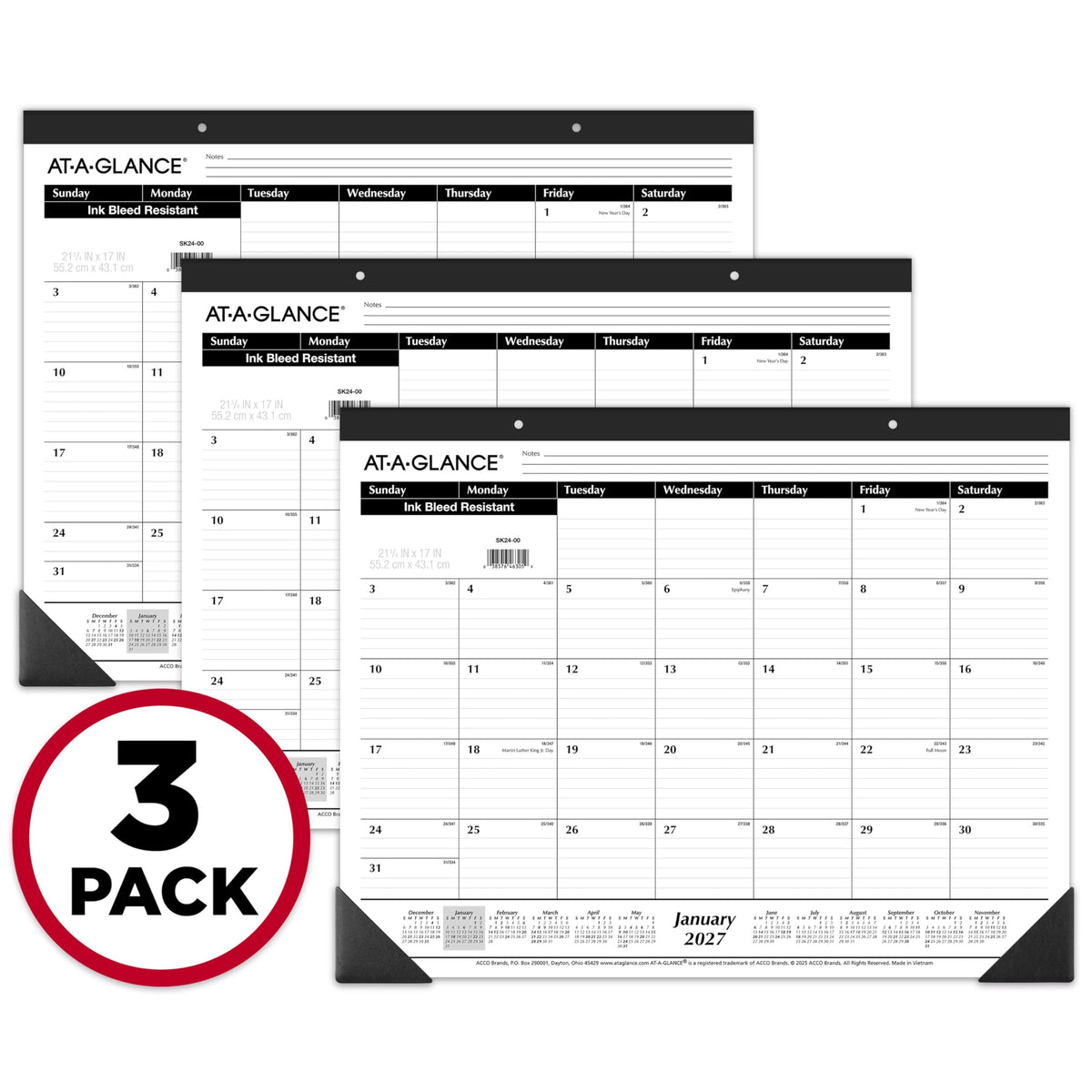 AT-A-GLANCE 2027 Desk Pad Calendar, Monthly Desk Wall Planner, 21.75" x 17", Ruled Blocks, 3 Pack (AZSK240027), White