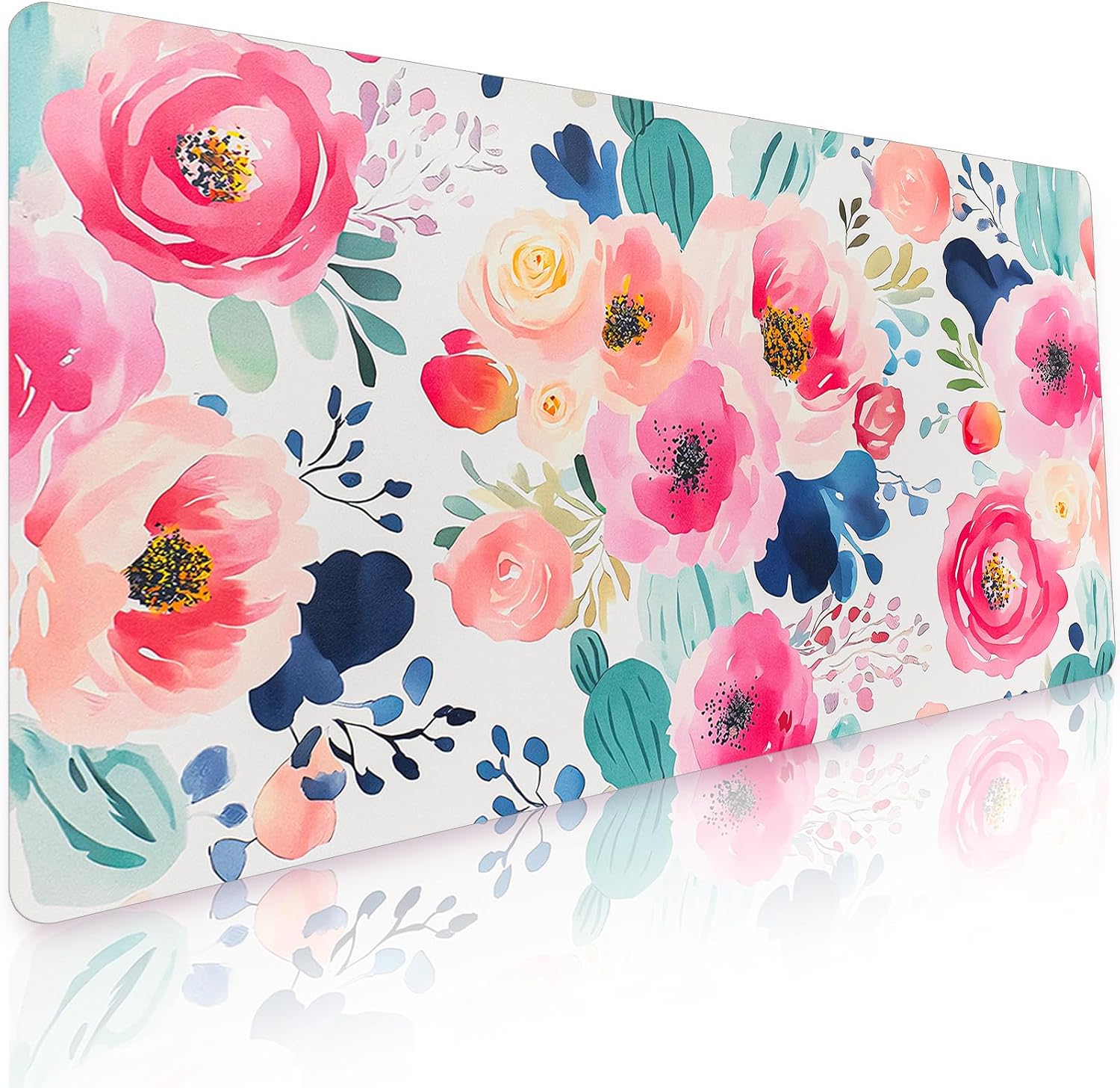Bloss Pink Floral Desk Mat Cute, Leather Desk Pad, 31.5 x 15.7 Inch