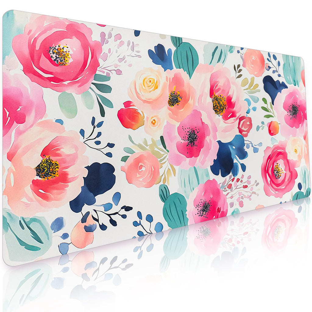 Bloss Pink Floral Desk Mat Cute, Leather Desk Pad, 31.5 x 15.7 Inch