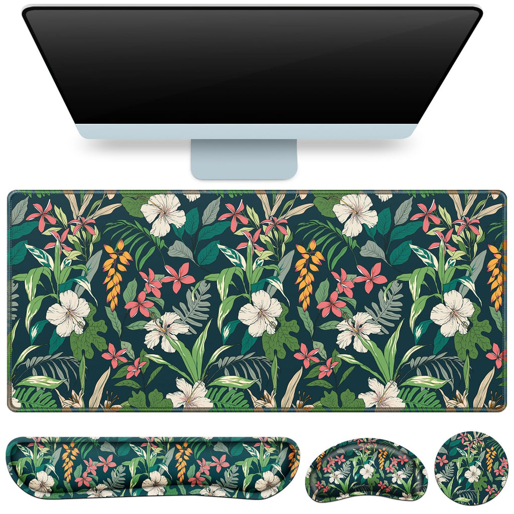 Desk Mat, Large Gaming Mouse Pad with Wrist Rest, 4in1 XXL Mousepad Floral