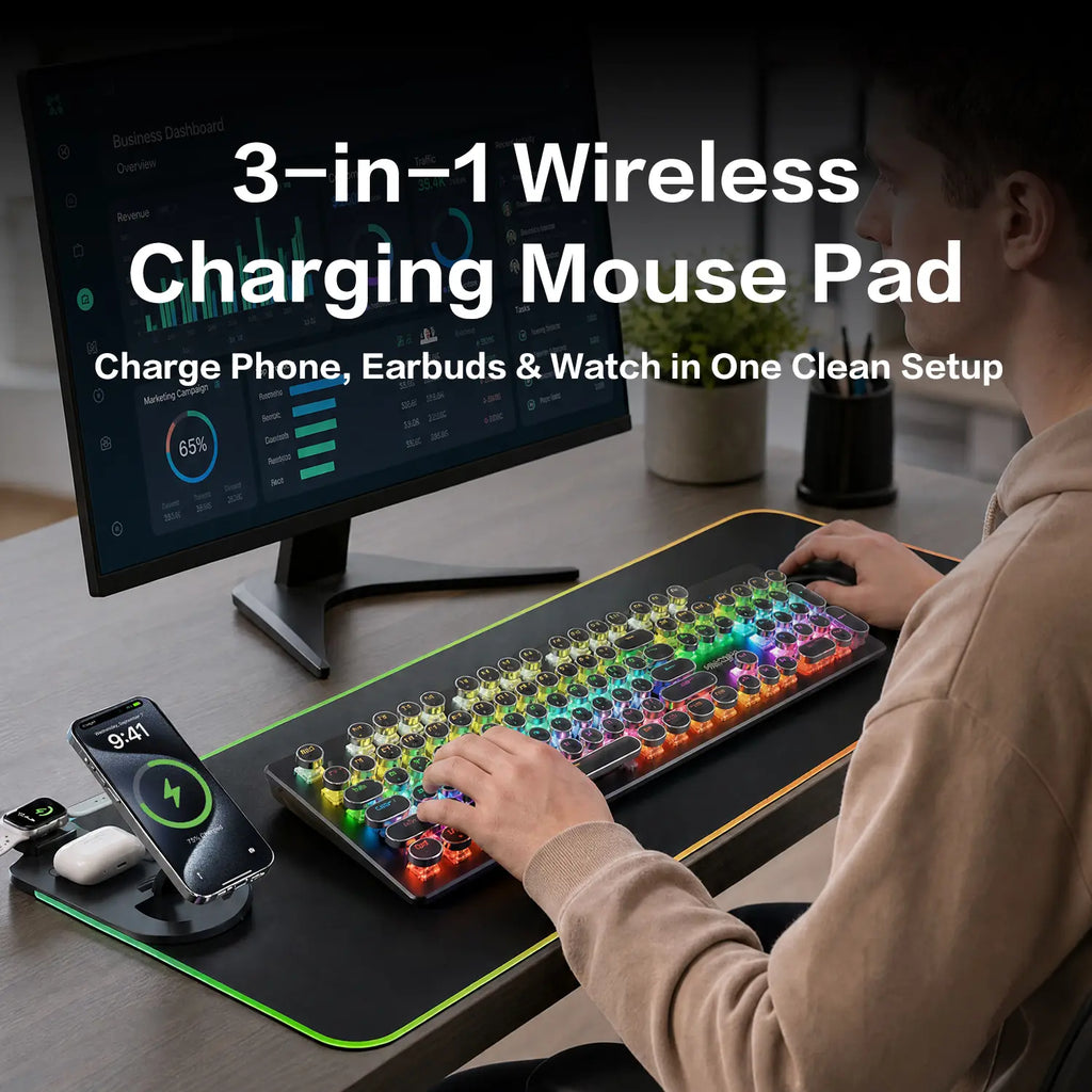 4-in-1 RGB Gaming Mouse Pad with ABS Wireless Charging (15W), Excel Shortcuts, Phone Stand, 13 LED Modes, 31.5x11.8in Non-Slip Waterproof Surface, 1.5m Cable, Bonus Stretch Guide, Gaming Stuff, Work & Office Accessories, Easy Maintenance, Work Accessories