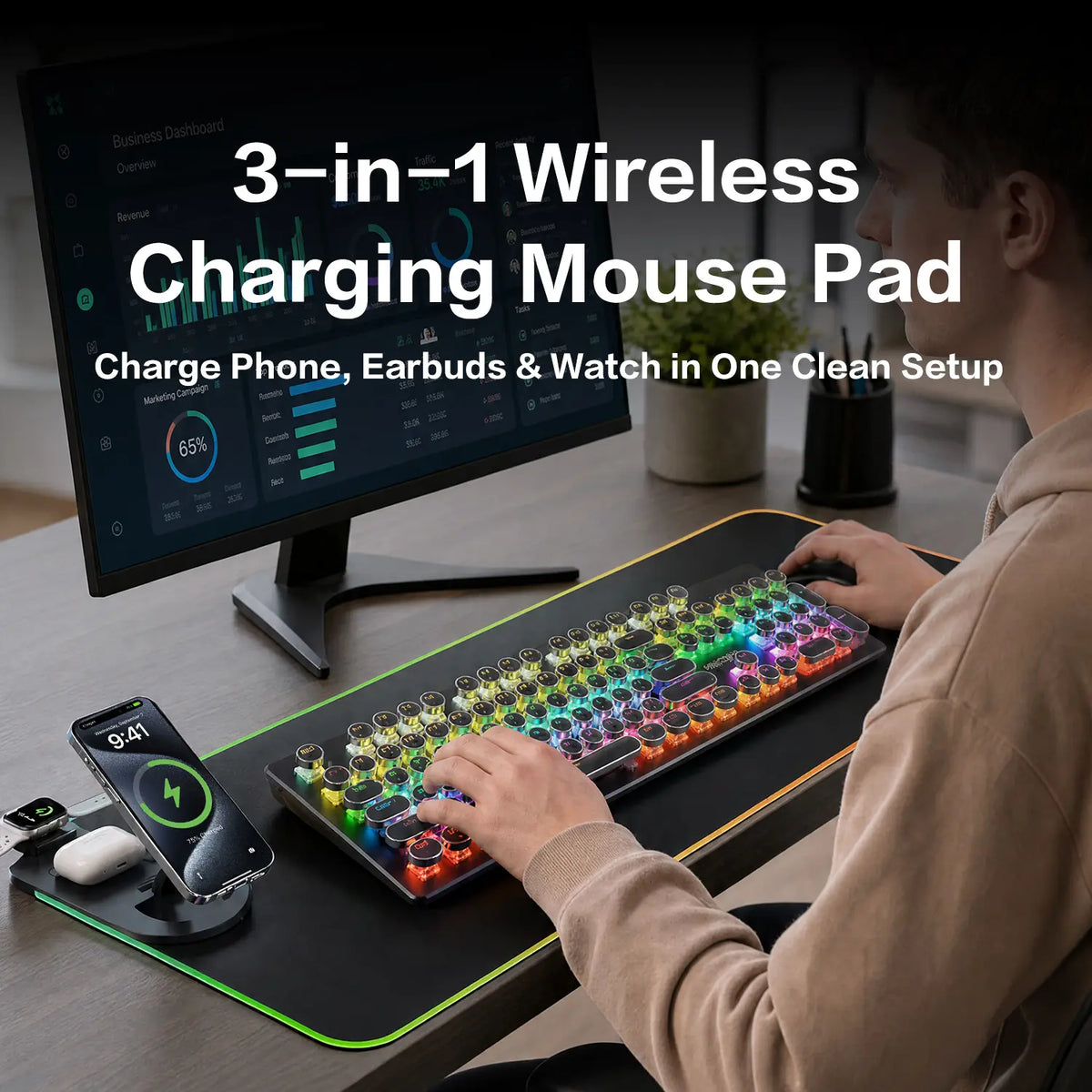 4-in-1 RGB Gaming Mouse Pad with ABS Wireless Charging (15W), Excel Shortcuts, Phone Stand, 13 LED Modes, 31.5x11.8in Non-Slip Waterproof Surface, 1.5m Cable, Bonus Stretch Guide, Gaming Stuff, Work & Office Accessories, Easy Maintenance, Work Accessories