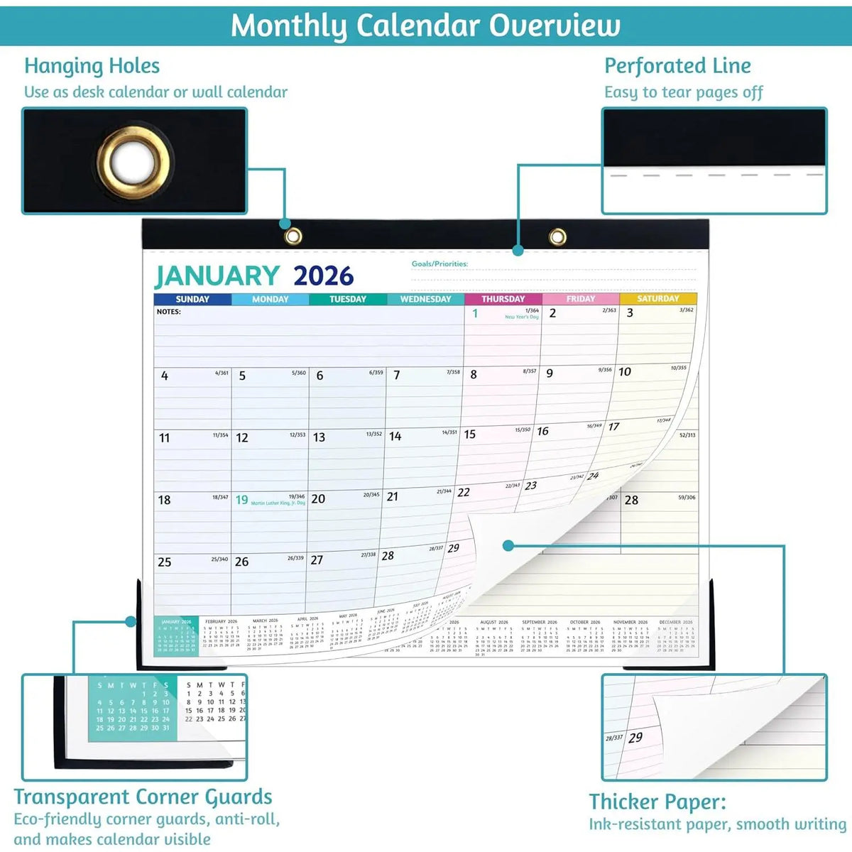 2026 Desk Calendar – Jan 2026 – Dec 2026, 12 Monthly Calendar, Large Desk Calendar 2026, 14.6’’ x 11.5’’,  Desk/Wall Calendar with To-do Lists, Desk Pad, Ruled Blocks, Corner Protectors