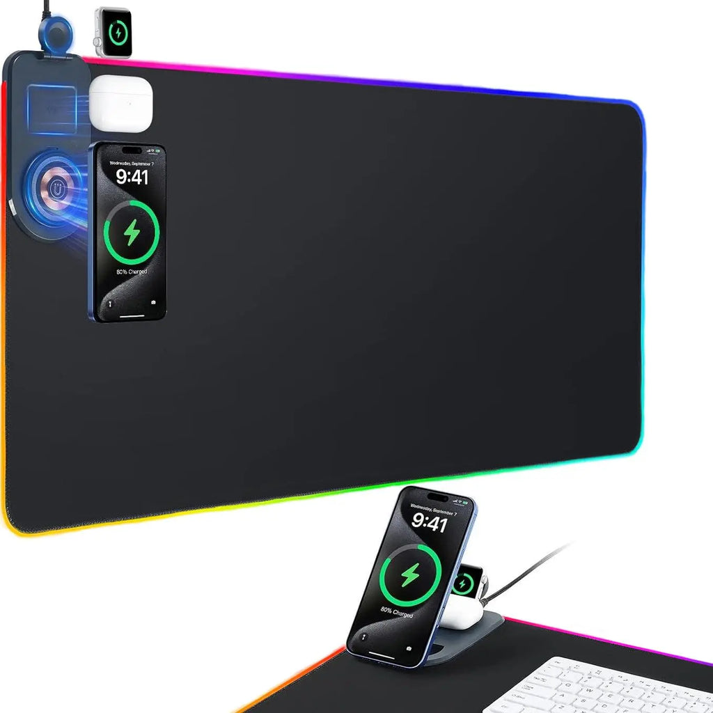 4-in-1 RGB Gaming Mouse Pad with ABS Wireless Charging (15W), Excel Shortcuts, Phone Stand, 13 LED Modes, 31.5x11.8in Non-Slip Waterproof Surface, 1.5m Cable, Bonus Stretch Guide, Gaming Stuff, Work & Office Accessories, Easy Maintenance, Work Accessories