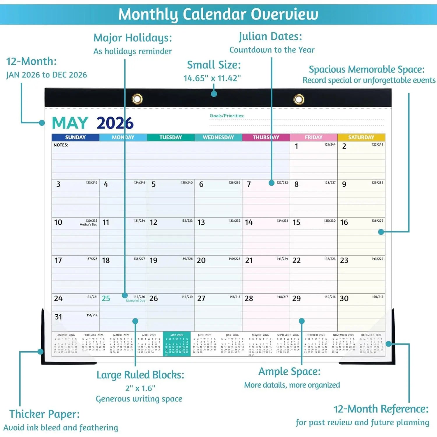 2026 Desk Calendar – Jan 2026 – Dec 2026, 12 Monthly Calendar, Large Desk Calendar 2026, 14.6’’ x 11.5’’,  Desk/Wall Calendar with To-do Lists, Desk Pad, Ruled Blocks, Corner Protectors