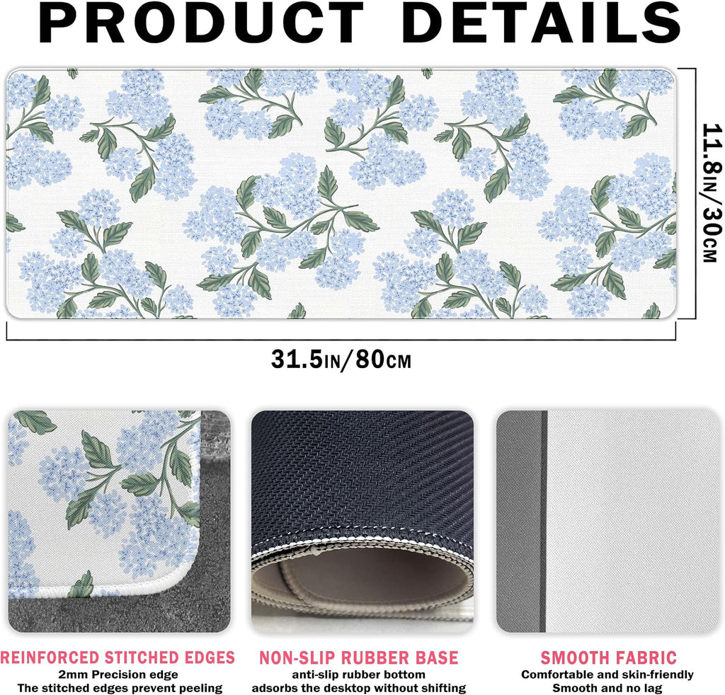 UTELKA Blue Desk Mat, Flroal Desk Matt for Desktop Mouse Pad 31.5x11.8