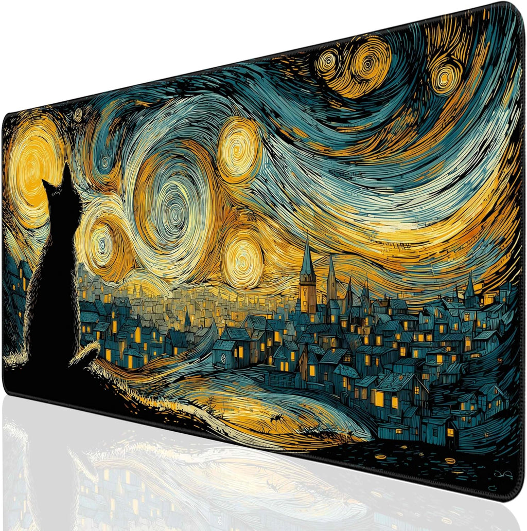 Desk Cover Mat, Extended Large Anime Mouse Pad, Computer Laptop Mat Desk Decor for Office Game Home 31.5 X 15.7 Inch (Starry Night Cat)