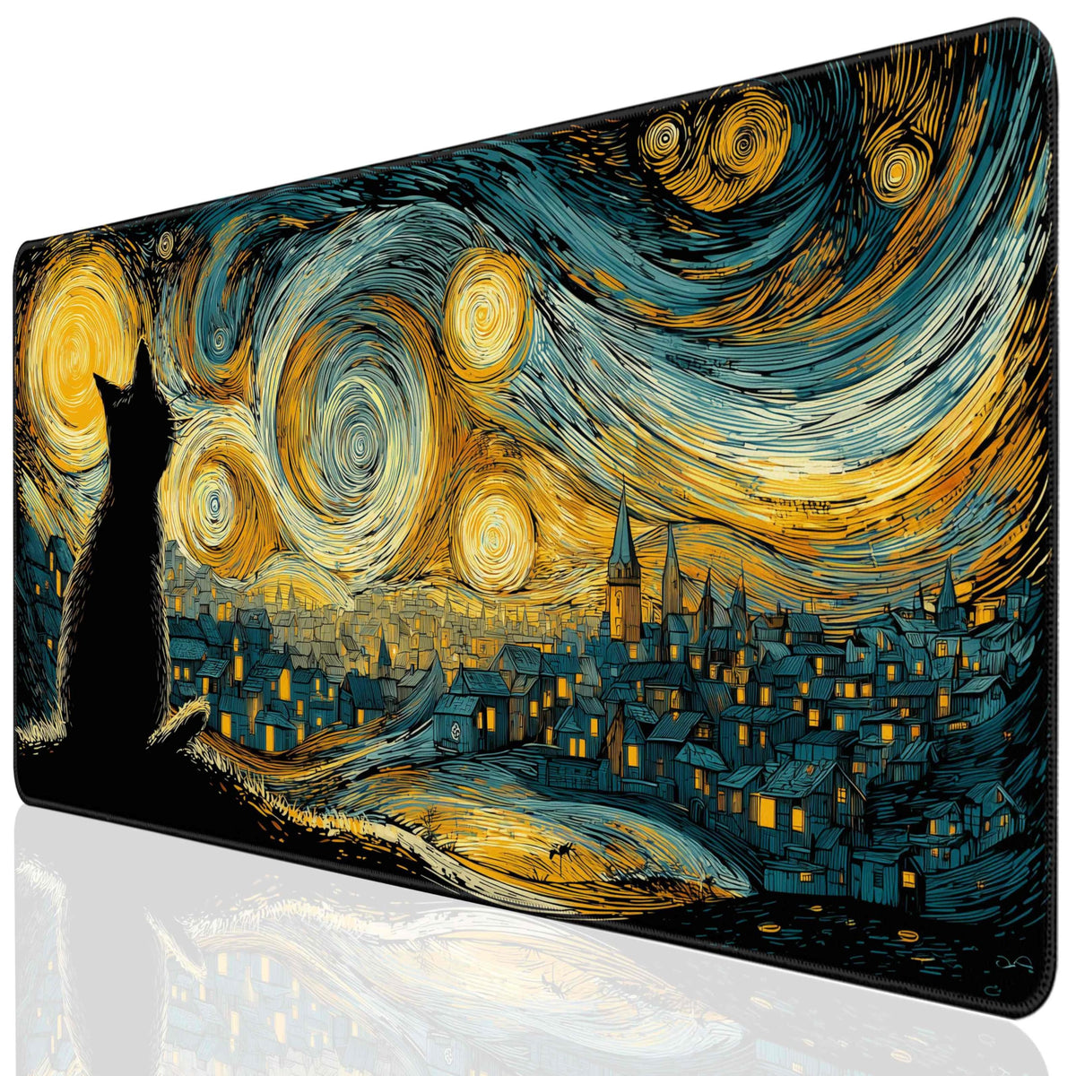 Desk Cover Mat, Extended Large Anime Mouse Pad, Computer Laptop Mat Desk Decor for Office Game Home 31.5 X 15.7 Inch (Starry Night Cat)
