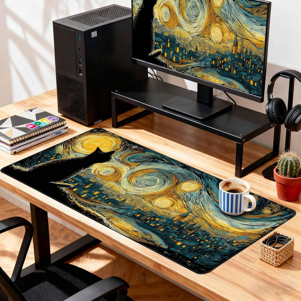 Desk Cover Mat, Extended Large Anime Mouse Pad, Computer Laptop Mat Desk Decor for Office Game Home 31.5 X 15.7 Inch (Starry Night Cat)