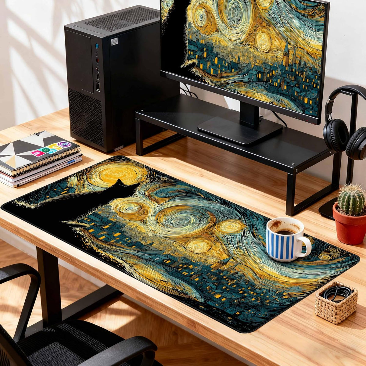 Desk Cover Mat, Extended Large Anime Mouse Pad, Computer Laptop Mat Desk Decor for Office Game Home 31.5 X 15.7 Inch (Starry Night Cat)