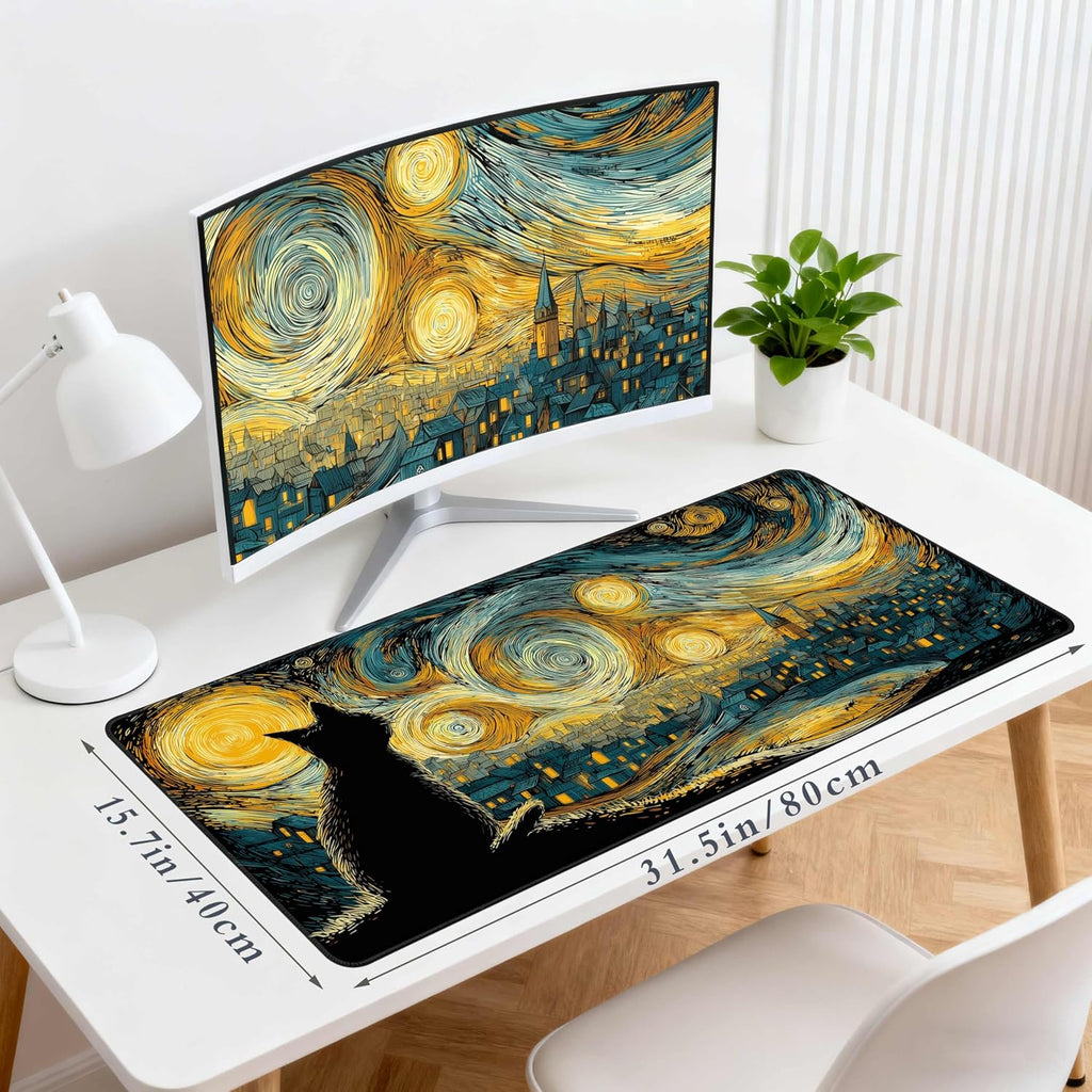 Desk Cover Mat, Extended Large Anime Mouse Pad, Computer Laptop Mat Desk Decor for Office Game Home 31.5 X 15.7 Inch (Starry Night Cat)