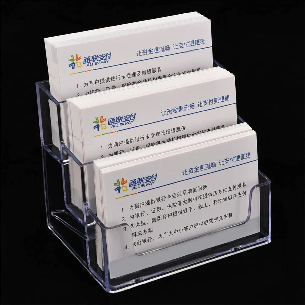 4PCS Business Card Holder for Desk 3 Tiers Clear Acrylic Stand for Business Card Organizer Storage Holder Display for Office and Company, 180 Cards Capacity