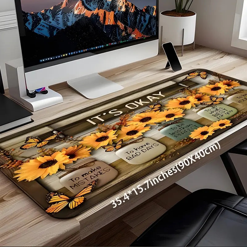 Sunflower & Letter Pattern Desk Mat, Rectangle Gaming Mouse Pad, Non-slip Rubber Pad, Decorative Desk Mat for Home Office, Desk Accessories, Fun Desk Accessories
