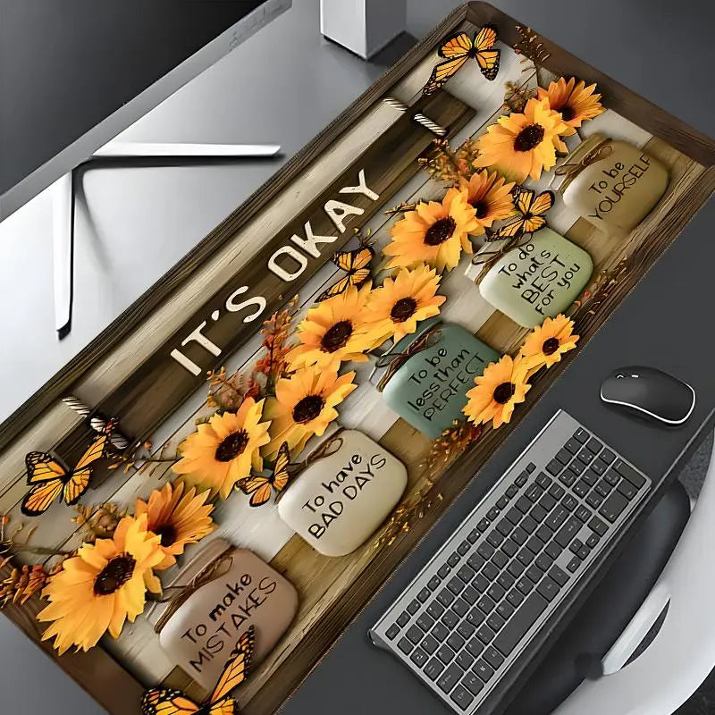Sunflower & Letter Pattern Desk Mat, Rectangle Gaming Mouse Pad, Non-slip Rubber Pad, Decorative Desk Mat for Home Office, Desk Accessories, Fun Desk Accessories