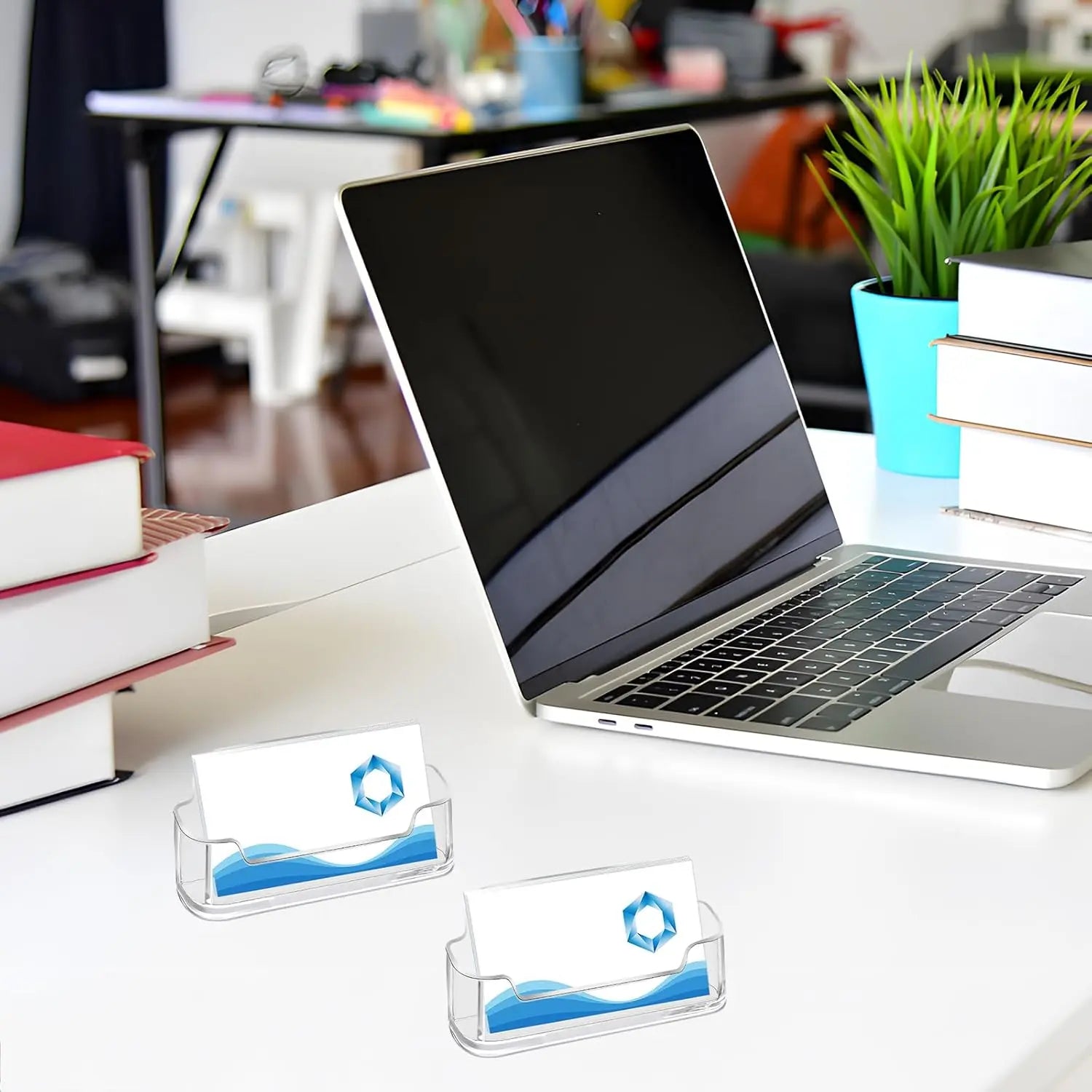 Business Card Holder for Desk, 20 Pack Plastic Business Card Display Clear Business Card Holder Desktop Cards Stand for  Office Exhibition Desk Table, Fits 30-50 Business Cards